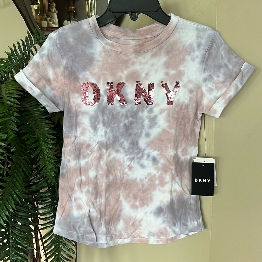 Brand New DKNY Cotton Candy Tie-Dye Reversible Sequin Short Sleeve Shirt Top